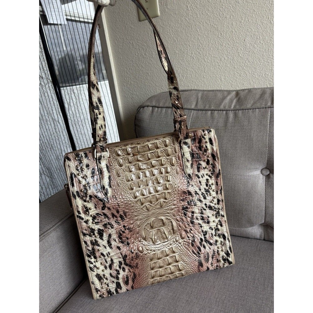 BRAHMIN Melbourne studded Leather Shoulder Tote Bag PROWL OMBRE Cheetah Khaki